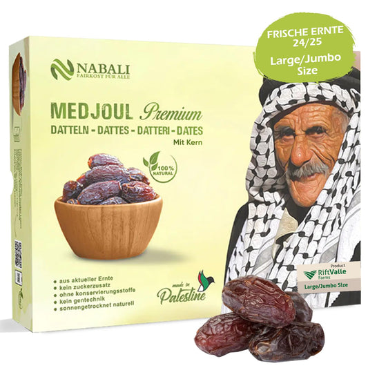 NABALI FAIRKOST Medjoul dátiles de Palestina - 100% natural aromático Tradicional Fresco & Oriental I sin conservantes I vegano I dátiles Medjoul jumbo (1 kg)