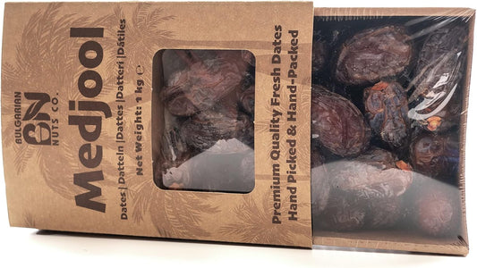 Bulgarian Nuts 1 kg Medjool Dátiles Jugosos y Tiernos, Talla Mediana, en caja