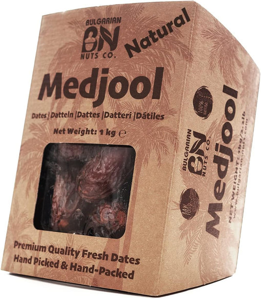 Bulgarian Nuts 1 kg Medjool Dátiles Jugosos y Tiernos, Talla Mediana, en caja