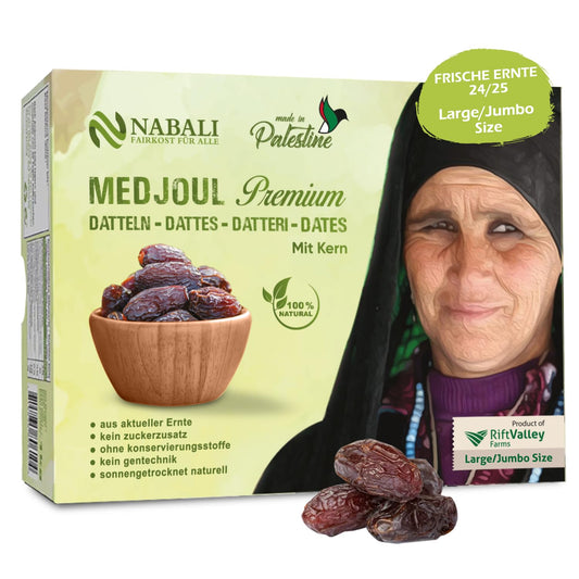 NABALI FAIRKOST Medjoul dátiles de Palestina - 100% natural aromático Tradicional Fresco & Oriental I sin conservantes I vegano I dátiles Medjoul jumbo (1 kg)